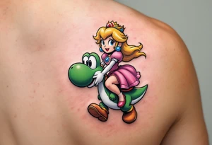 Princess Peach riding Yoshi from Mario Bros with vibrant colors. Make it more like the super Mario bros movie tattoo idea