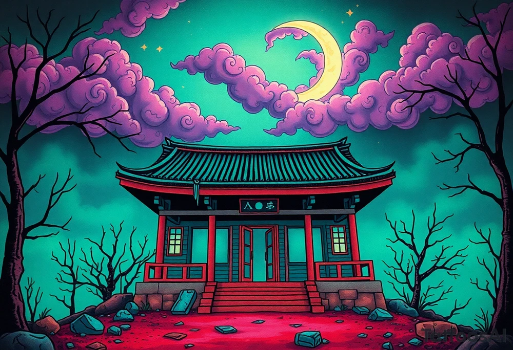 Tim Burton’s haunted pastel Tokyo shrine is abandoned and dripping with muted reds, dusty pinks, and eerie green glow.purple and cyan smokey clouds swirl in the crescent moonlit sky thats sprinkled with stars tattoo idea tattoo idea