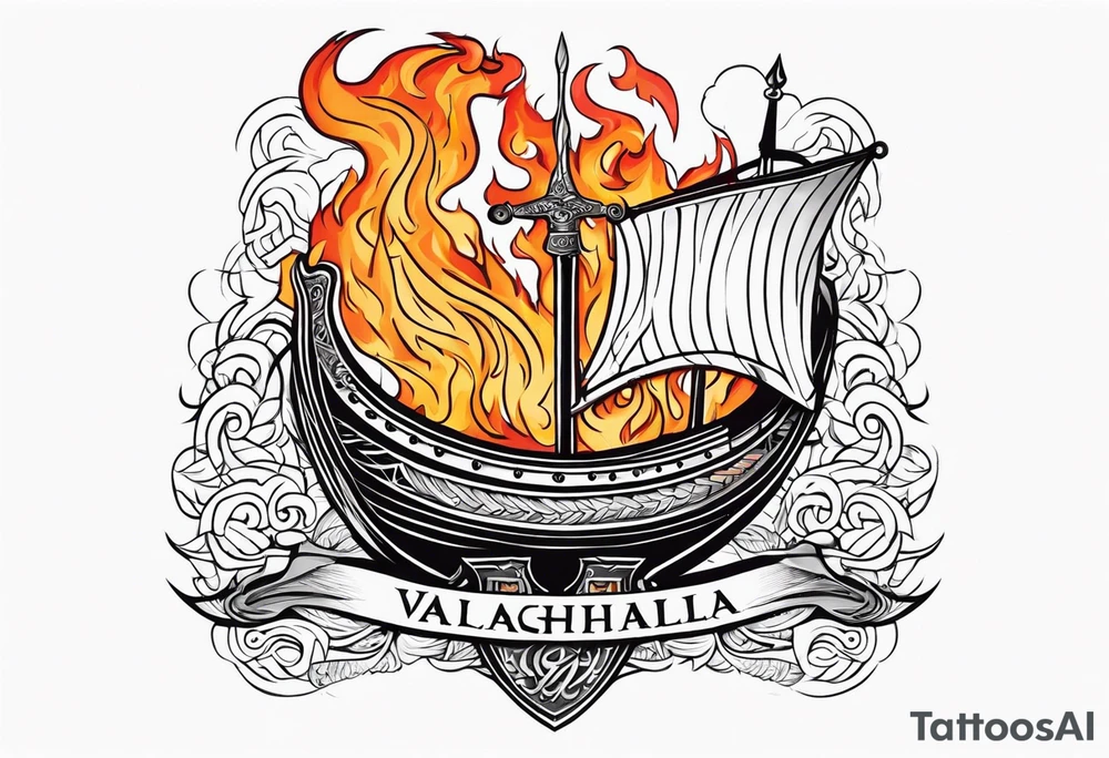 valhalla sword shield viking ship on fire tattoo idea