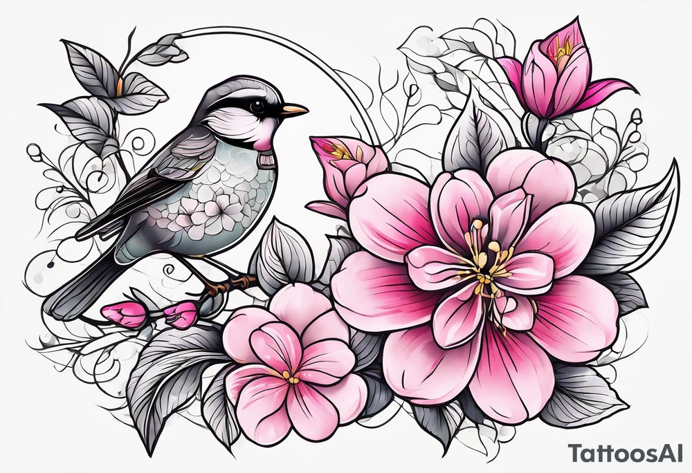 Small Pink flowers with decorative dott pattern, a bird and libra tattoo idea
