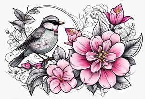 Small Pink flowers with decorative dott pattern, a bird and libra tattoo idea