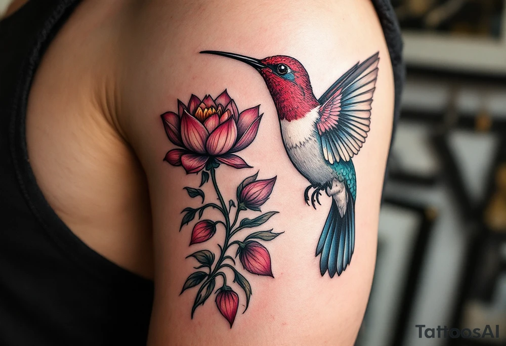 hummingbird and lotus flower, egyptian theme. Red and black only tattoo idea