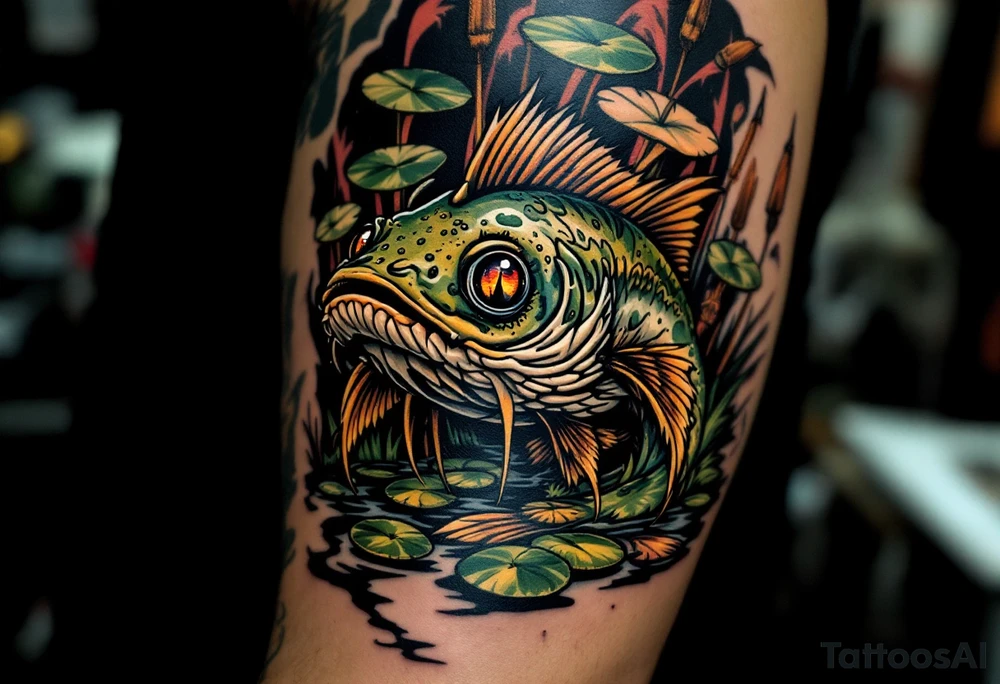 Swamp Guardian Catfish – A dark mossy green and mud-brown catfish resting beneath lily pads and cattails, evoking deep Southern waters. tattoo idea