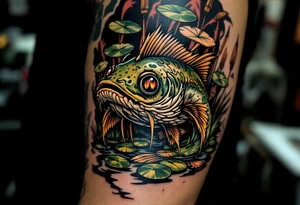 Swamp Guardian Catfish – A dark mossy green and mud-brown catfish resting beneath lily pads and cattails, evoking deep Southern waters. tattoo idea