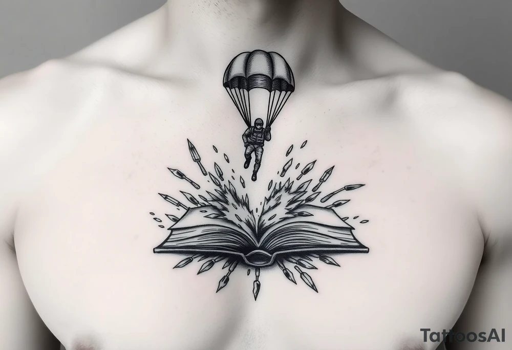 A parachuting soldier landing into an open book. Chaos surrounding, but the book is protecting the soldier from it. On the chest. Make it smaller. tattoo idea