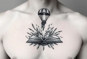 A parachuting soldier landing into an open book. Chaos surrounding, but the book is protecting the soldier from it. On the chest. Make it smaller. tattoo idea