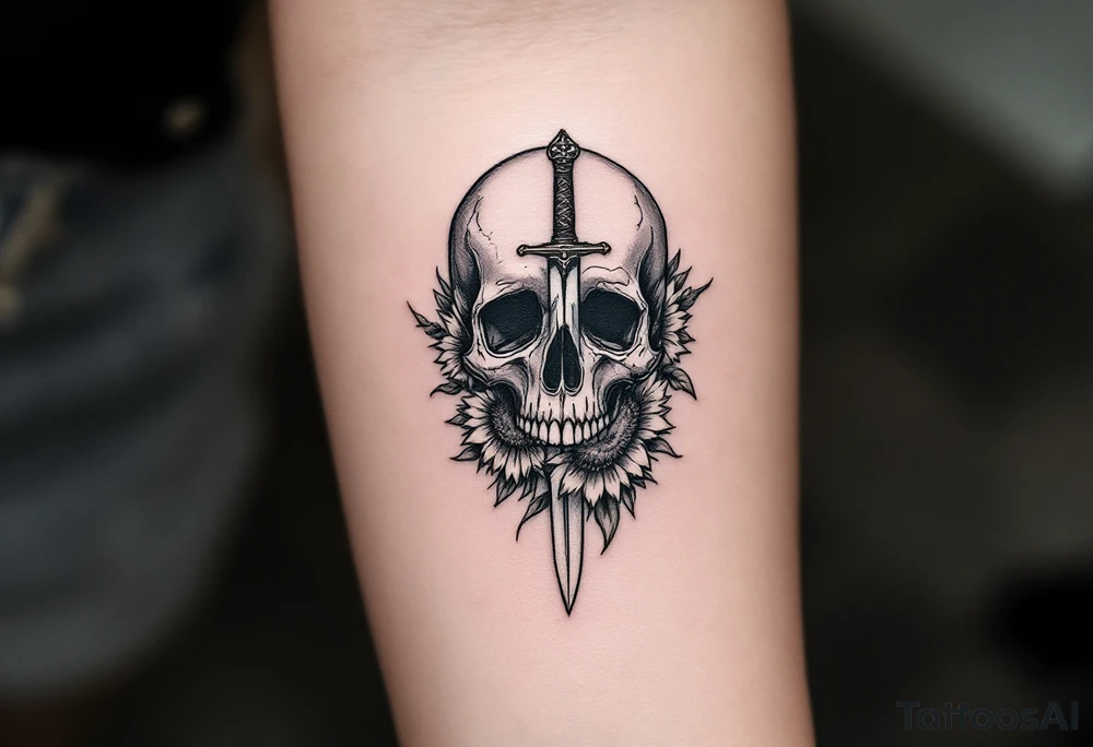 Skull, dagger piercing a heart with roses and sunflowers tattoo idea