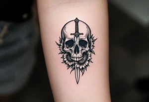 Skull, dagger piercing a heart with roses and sunflowers tattoo idea