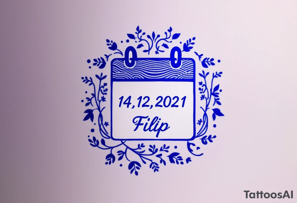 Calendar icon with highlighted date 14.12.2021 and the name "Filip" in royal blue below. tattoo idea