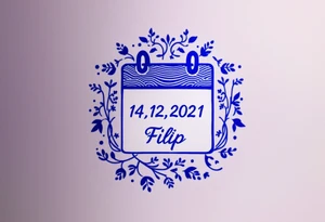Calendar icon with highlighted date 14.12.2021 and the name "Filip" in royal blue below. tattoo idea