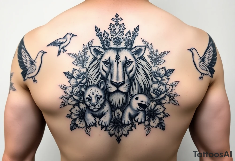 powerful majestic lion and cub with a crown, surrounded by floral ornaments and birds tattoo idea