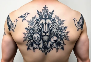 powerful majestic lion and cub with a crown, surrounded by floral ornaments and birds tattoo idea