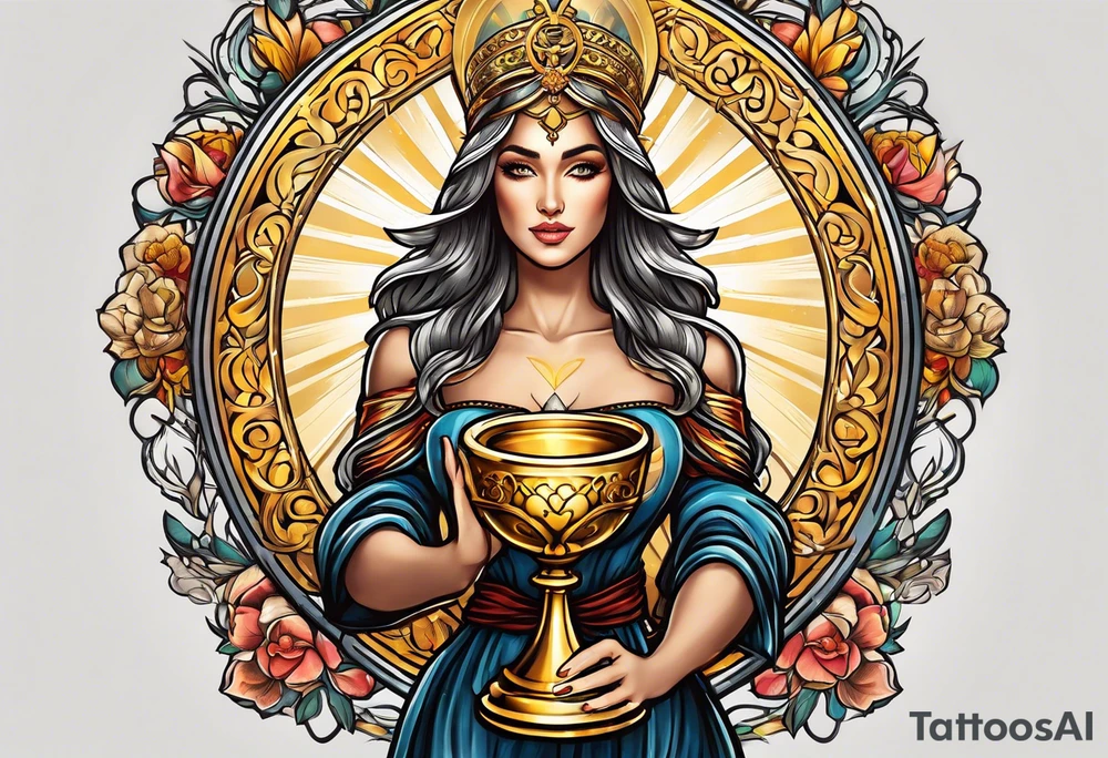 woman saint holding chalice surrounded by golden halo tattoo idea