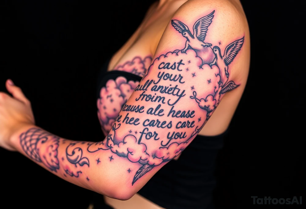 cast all your anxiety on him because he cares for you"  surrounded with clouds and angels tattoo idea