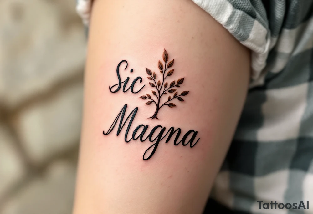 "Sic Parvis Magna" (Greatness from small beginnings), written in classical cursive, with a tiny seed sprouting into a tree, inked in black, dark green, and warm brown. tattoo idea