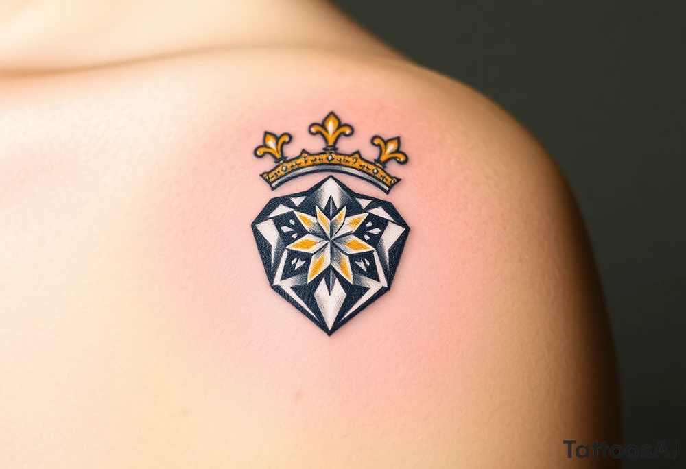 A shimmering diamond encased in a royal crown, adorned with gold and silver accents, radiating light with soft white and yellow highlights to emphasize the diamond's sparkle tattoo idea
