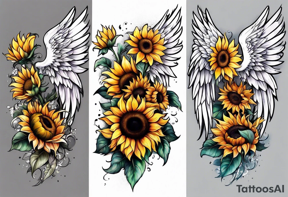 Sunflowers and angel wings leg sleeve tattoo idea