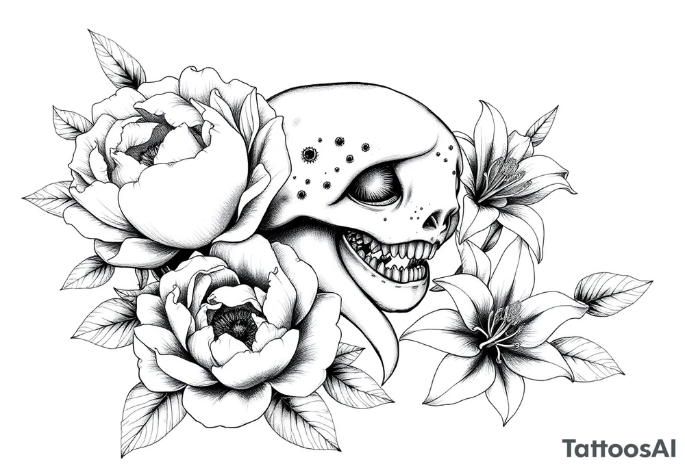 peonies and lilies with medusa head tattoo idea