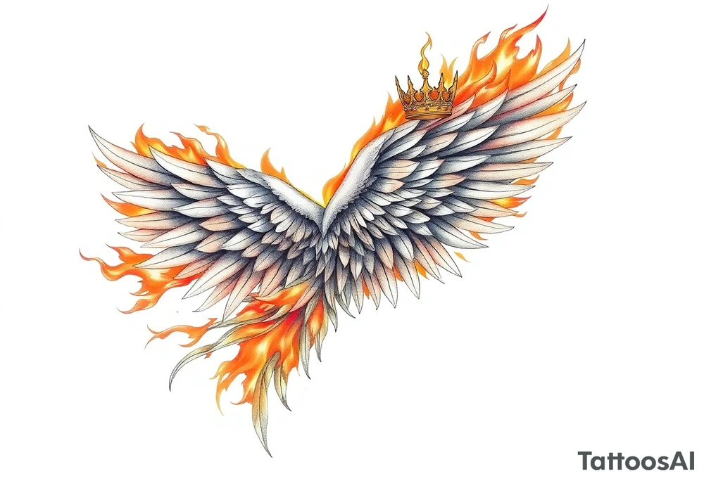 large blazing wing surrounded by fire. with a crown of fire tattoo idea