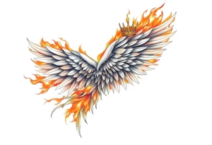 large blazing wing surrounded by fire. with a crown of fire tattoo idea