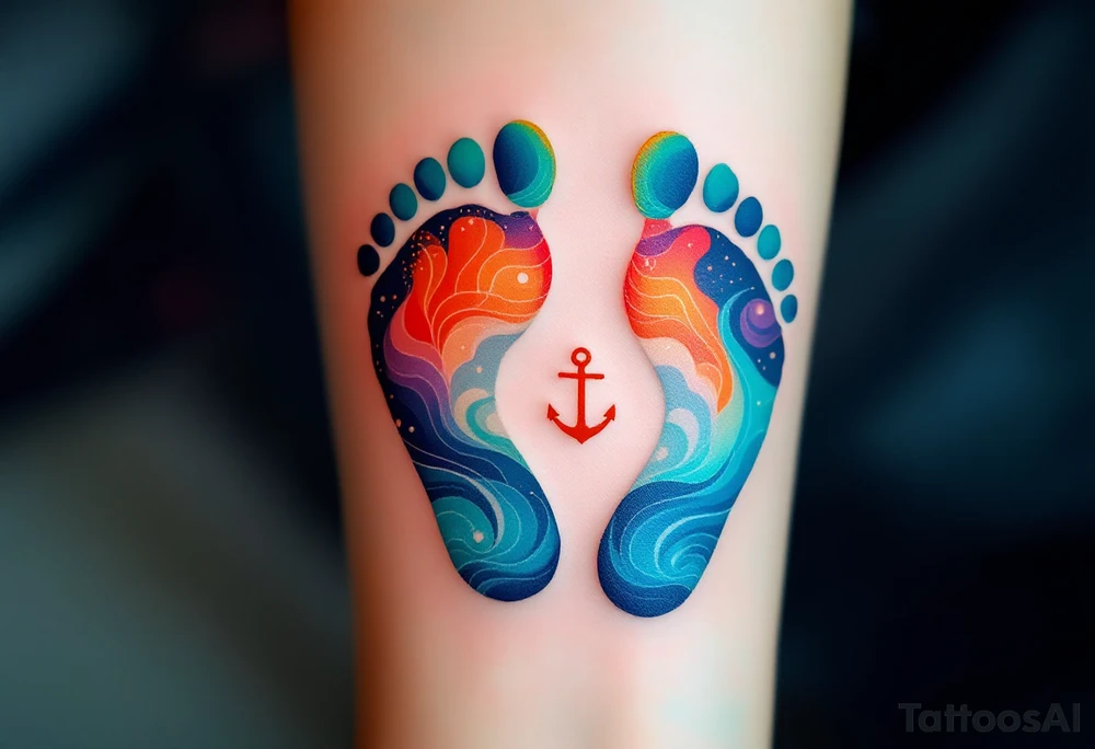 Bright teal and orange footprints of Václav, with a small anchor beside them, symbolizing his strength and stability. tattoo idea