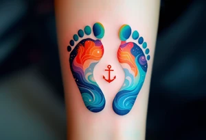 Bright teal and orange footprints of Václav, with a small anchor beside them, symbolizing his strength and stability. tattoo idea