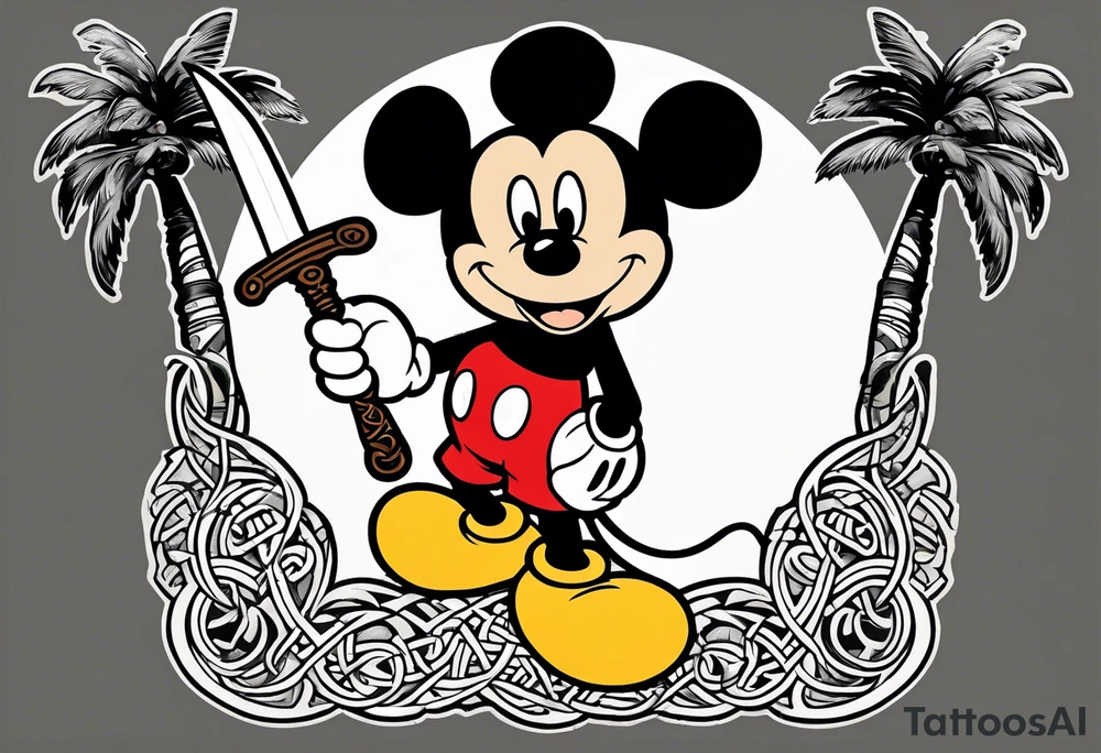 mickey mouse holding a kriss knife in one hand and a rattan stick in the other hand with palm trees and the celtic symbol for family tattoo idea
