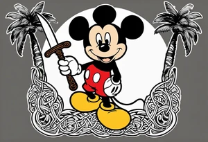 mickey mouse holding a kriss knife in one hand and a rattan stick in the other hand with palm trees and the celtic symbol for family tattoo idea