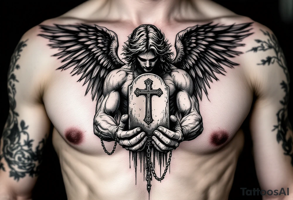 Angel hold headstone in hands with a cross chain hanging down with large wings tattoo idea