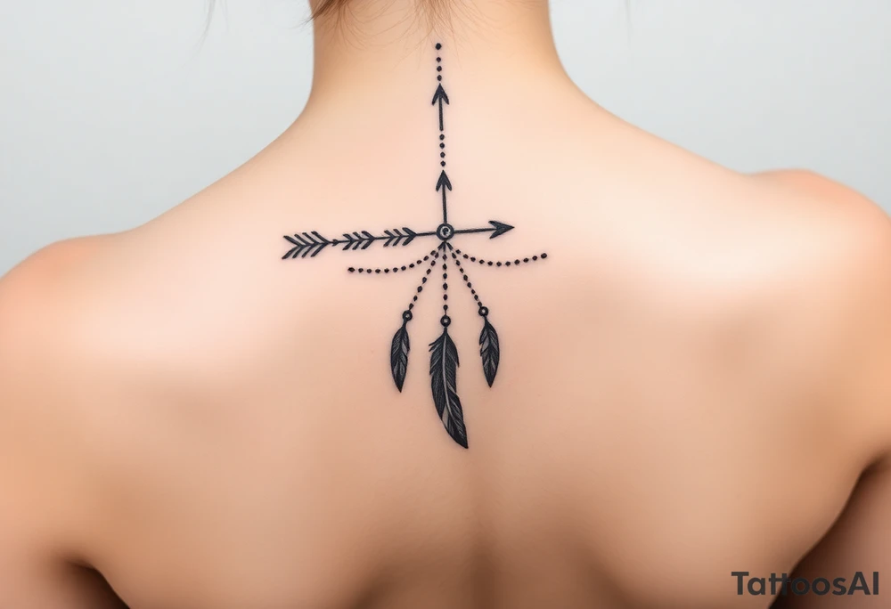 Thin spinal tattoo following down the spine in a native style with multiple different lengths flowing lines made of a discreet connection of morse code ".--- .- --.     .-.. ... -.- .- .-.   -.. .. --.     .-.. .. .-.. .-.. . -... .-. --- .-. forming an arrow connected to flowing feathers hanging from the morse code lines tattoo idea