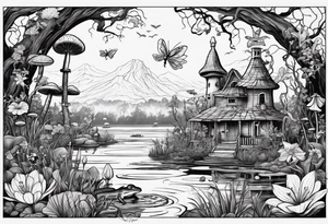 A swamp that has cypress trees, mushrooms, wild flowers, lily pads, frogs, and bugs with a mermaid in the background that is singing music. tattoo idea