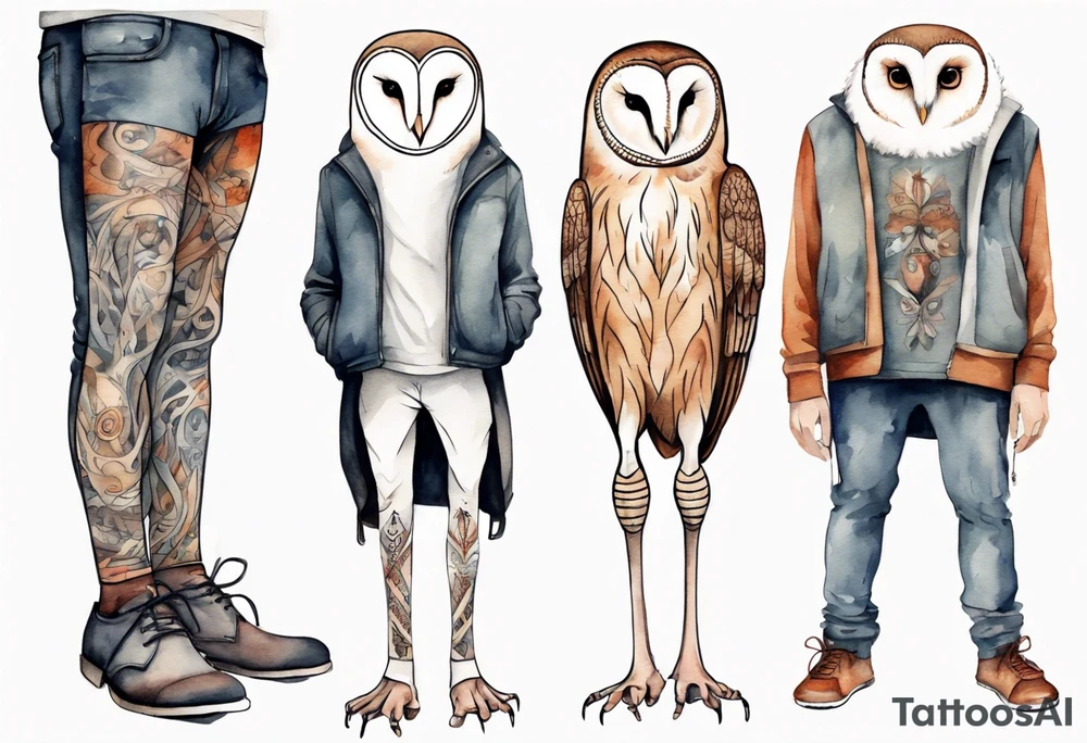 a skinny man with long legs and the head of a barn owl wearing wool leggings and shoes with curled toes tattoo idea
