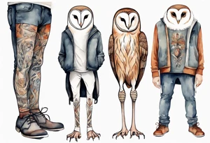 a skinny man with long legs and the head of a barn owl wearing wool leggings and shoes with curled toes tattoo idea