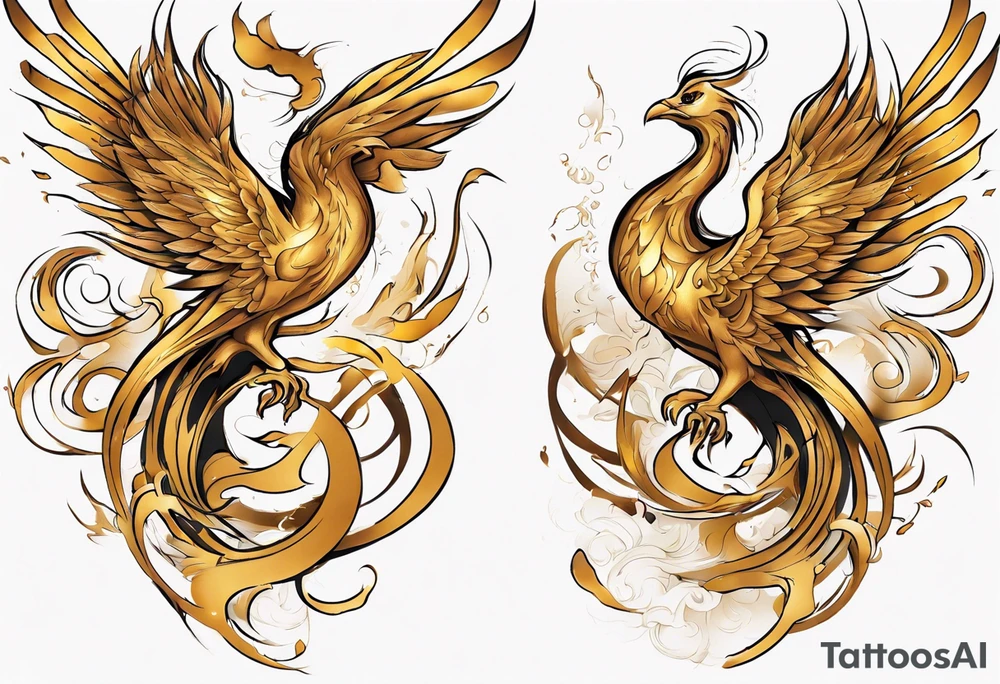 Sleeve tattoo on a woman's arm. Gold Phoenix tattoo idea
