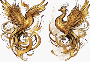 Sleeve tattoo on a woman's arm. Gold Phoenix tattoo idea