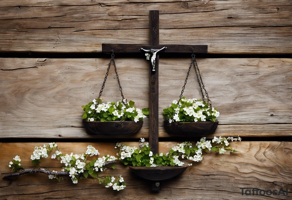 I need you to draw me a old libra scale out of tattered wood. The ends of the cross of wood need to be  broken. I need the bottom to look tattered possible cracks and holes  in wood of scale. I need vines with little white flowers wrapped all the way up the scale across the wood beam. And I want the scale bowls need to be attached by the vines. And I want the two weights of the scale to be wooden as well. They also need to look tattered. The weights need to be fastened on by the vines. I need to make it look like the ends of the vines on both scales is just loosely. I need to incorporate pieces koi fish in beautiful blues greens, and pinks.The fish need to be one on each scale balancing the scale and the tail of the left on, pointing down. the beautiful fish tail fins needs to be covering part of the tattered piece and the fish on the rights tail will be facing unpard with the fin of beauty starting to court the same pic the pieces fish need to be placed in the scale bowls the need to of large size to so theyv  Fill each scale and are persuading out the bowls tattoo idea