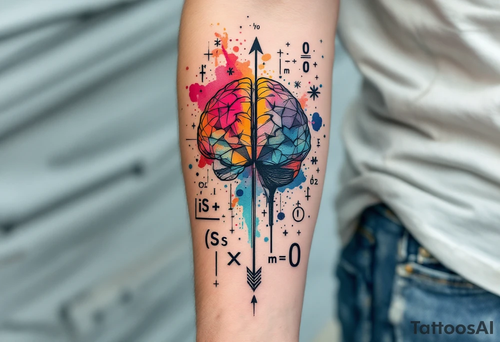 A front-seen brain in geometric and straight lines, math symbols arround. A detailed arrow crosses from below and exit from the top, with its tip desintegrating to represent entropy and watercolor stains spilled from the arrow. Around of the main tattoo, math and physics formulas fill the space, including the formula "ΔS ≥ 0" and the formula "(iδ + m) Φ = 0" tattoo idea