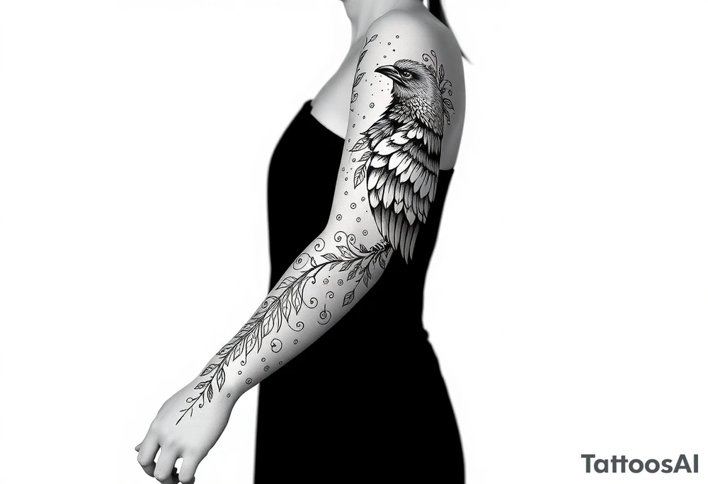 Nordic ornamental raven leg sleeve tattoo idea