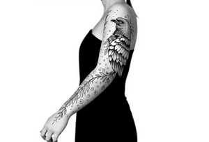 Nordic ornamental raven leg sleeve tattoo idea