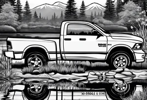 2nd gen dodge ram 1500 single cab short bed in front of a pond with a sign that says gone fishing 
With a mansitting and fishing in the pond tattoo idea