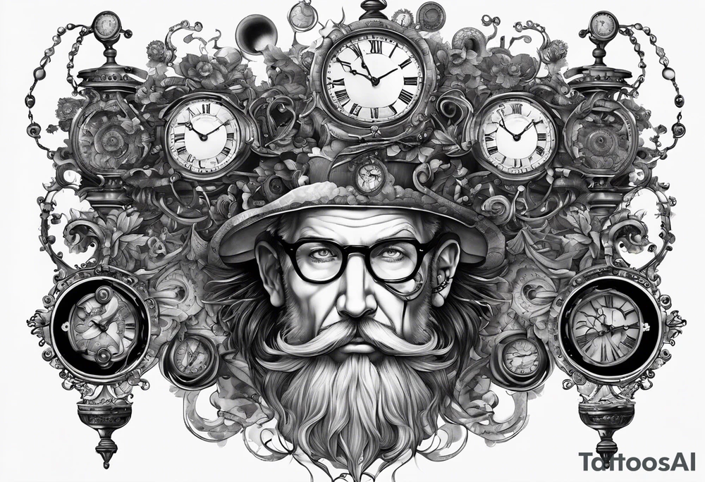 a mad scientist with a head piece made of clocks tattoo idea