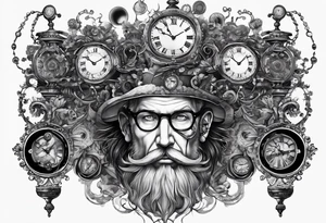 a mad scientist with a head piece made of clocks tattoo idea