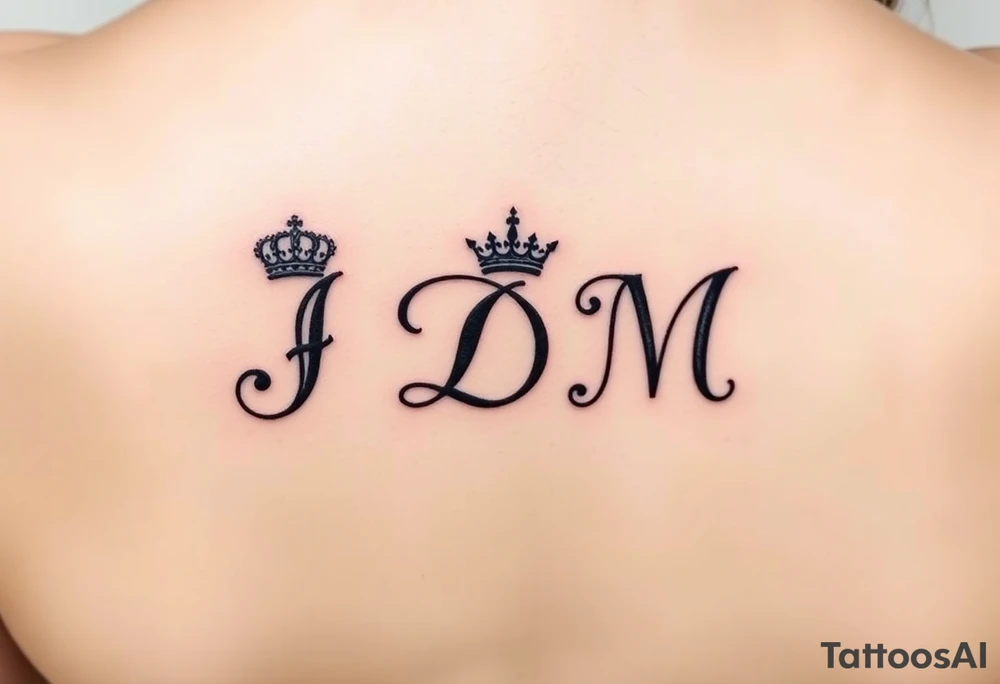 Letters JDM on inner wrist/forearm with crown on the J and a halo over the M tattoo idea