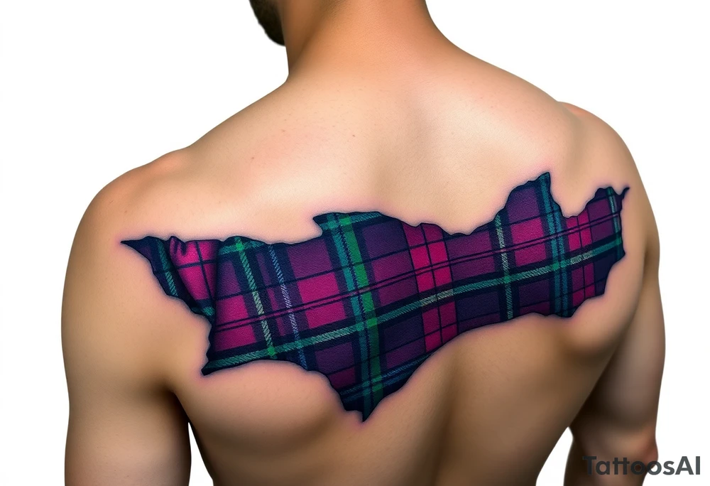 Dark Purple with green pink blue and white highlights tartan fabric with skin around edges peeling and wrapping around side of shoulder tattoo idea