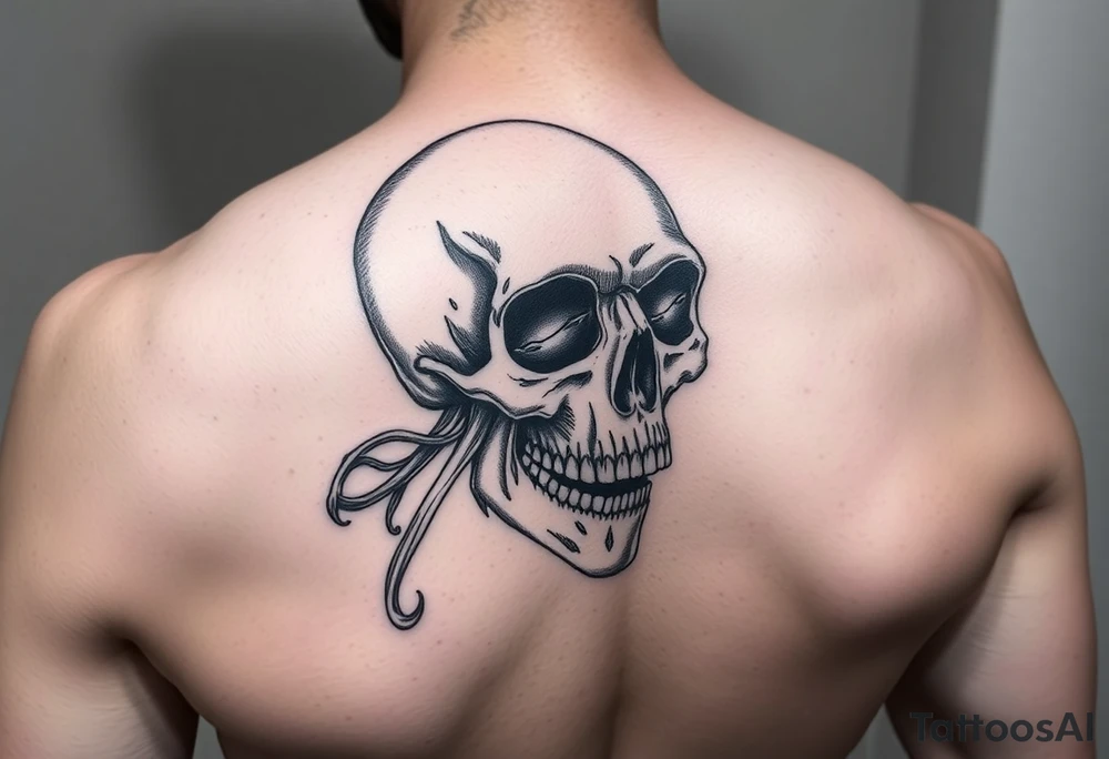 left side of a skull with cordyceps out of its eyes and mouth tattoo idea