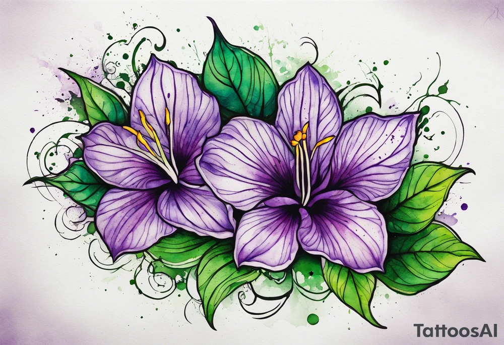 A mystical outline of a dipladenia flower and a green/purple watercolor splatter in the background to make the flower mainly green with purple highlights tattoo idea