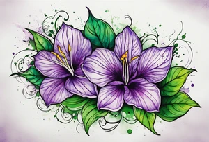 A mystical outline of a dipladenia flower and a green/purple watercolor splatter in the background to make the flower mainly green with purple highlights tattoo idea