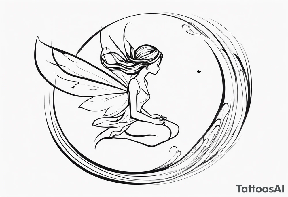 Minimalistic, monochromatic fairy with a tail flying to the left in a fetal position, leaning and looking in the same direction, with visible hands, embodying the 'Fairy Tail' logo aesthetic. tattoo idea
