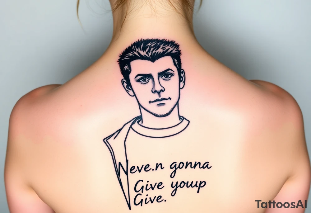 Rick Astley's Face, shoulders, Black jacket, Black and White T-shirt outline with text "Never Gonna Give You Up" tattoo idea