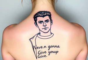 Rick Astley's Face, shoulders, Black jacket, Black and White T-shirt outline with text "Never Gonna Give You Up" tattoo idea